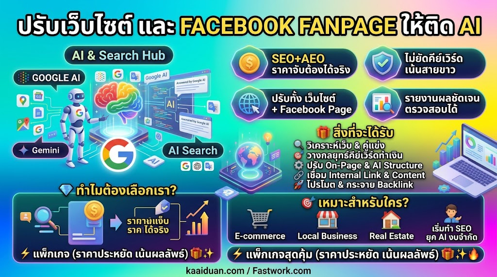 ประกาศ รับจ้าง ปรับโครงสร้างเว็บและแฟนเพจ ติดAISearch แต่งเว็บ&ปรับแฟนเพจ 2026 ให้ติดGoogle